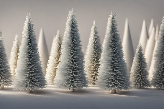 3D render of artificial Christmas trees in the snow. Winter landscape.