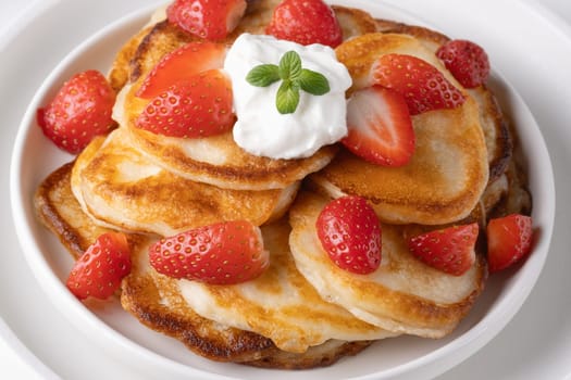 Mini pancakes with strawberry and sour cream.