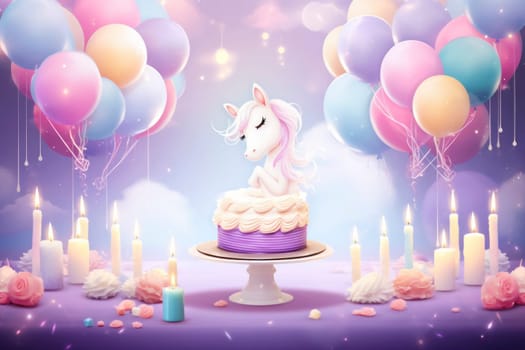 Poster or birthday card with unicorn, cake, balloons and candles in bright colors. Birthday card