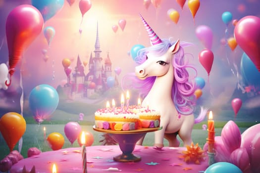 Poster or birthday card with unicorn, cake, balloons and candles in bright colors. Birthday card
