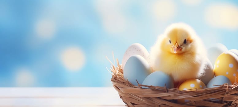 Easter banner with colorful painted eggs and a little chicken in a wicker basket on a blue background with copy space