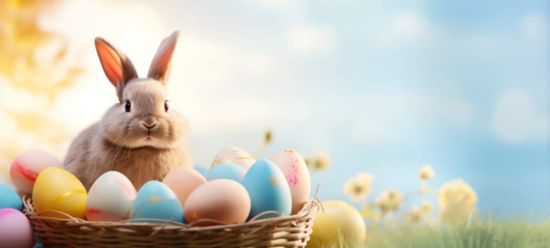 Cute little bunny and colorful eggs in wicker basket on spring green grass. Happy Easter greeting card or banner with copy space