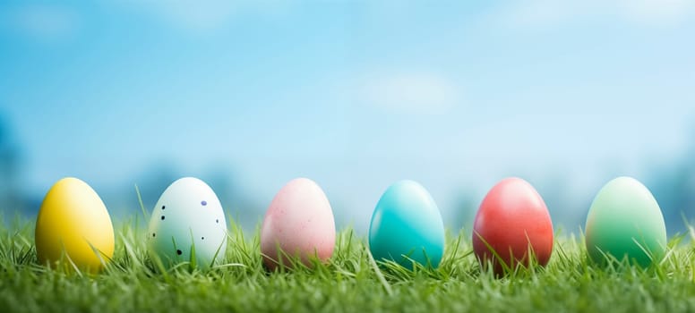 Easter banner with colorful painted eggs in row on green grass, copy space.