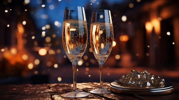 Two glasses of champagne are on the table in the evening golden lights, next to a saucer with ice in the evening, surrounded by golden bokeh lights.