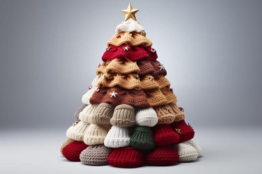 Creative knitted multicolor Christmas tree stand on a gray background.