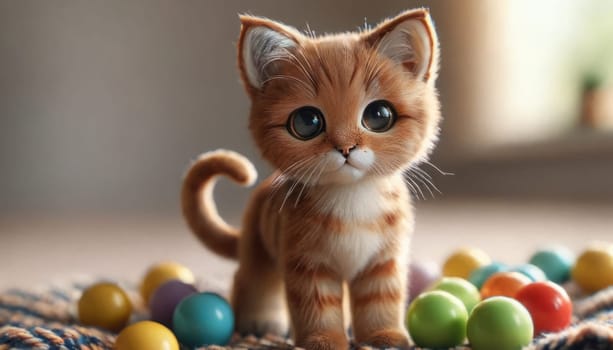 An animated kitten with expressive eyes and orange fur sits on a textured surface, surrounded by small, colorful balls resembling toys or candies