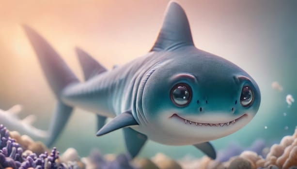 A stylized baby shark with glossy eyes and a wide smile swims among soft coral reefs in a serene underwater gradient