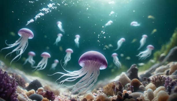 Multiple jellyfish with purple hues and flowing tentacles create a magical underwater scene, highlighted by light rays and colorful seabed corals