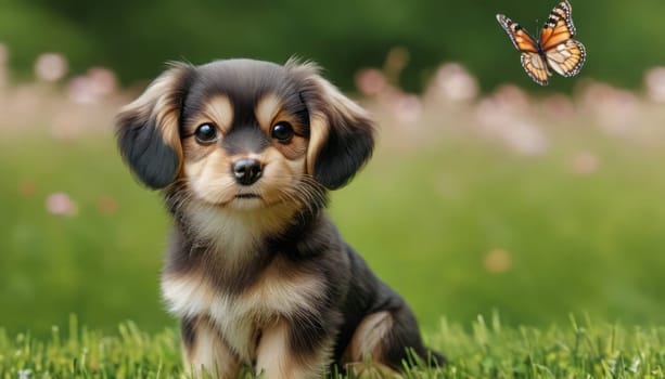 A small, fluffy puppy with a mix of black, brown, and white fur sits on a field of green grass, with a butterfly captured mid-flight