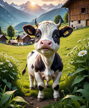 A black and white spotted cow stands in a picturesque landscape with green fields, white flowers, wooden houses, and mountains, under a clear sky