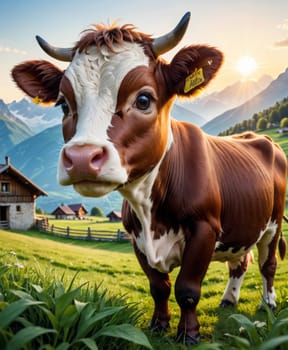 A brown and white cow with a yellow tag on its ear stands in a lush green field with wooden houses and mountains in the background, under a clear sky