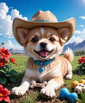 A fluffy dog dons a cowboy hat, sitting amidst flowers and toys, with mountains and a clear sky in the backdrop