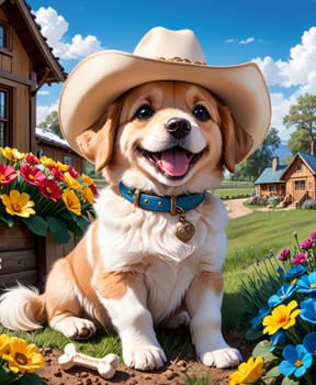 A fluffy dog sports a cowboy hat, sitting by wooden structures, surrounded by a vibrant array of flowers under a clear sky