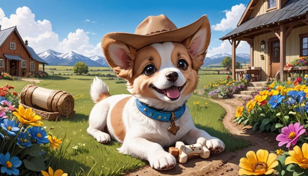 A cheerful puppy with a cowboy hat enjoys the colorful garden by a wooden house, with mountains under a clear sky