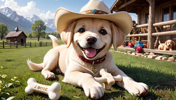 A large dog with a cowboy hat enjoys playtime with toys in a lush yard, with a wooden house and mountains in the backdrop