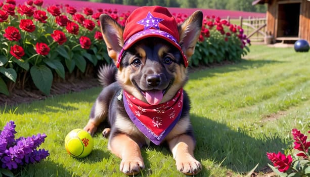 A dog in a red cap and bandana lies playfully on the grass, surrounded by toys and flowers, with a wooden structure in the background