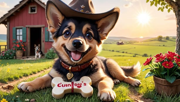 A dog enjoys a playful moment in a pastoral setting with a red barn, under the warm hues of a setting sun