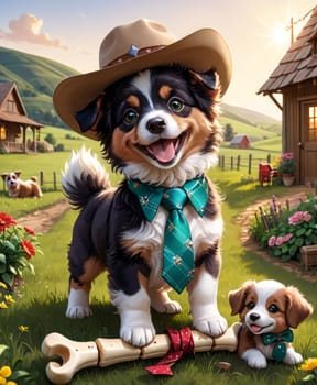 A fluffy dog sports a cowboy hat and green necktie, standing before a wooden house and rolling hills under a clear sky