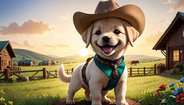 A fluffy white dog in a cowboy hat stands before wooden houses, with sunset-lit hills creating a picturesque backdrop