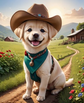 A dog in a cowboy hat enjoys a tranquil walk on a dirt path, with green hills and barns under a cloudy sky
