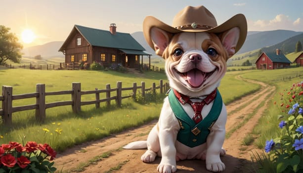 A fluffy white dog in a cowboy hat stands before wooden houses, with sunset-lit hills creating a picturesque backdrop