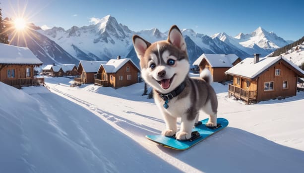A puppy stands on a snowboard amidst a snowy landscape, with wooden cabins and mountains under a clear blue sky