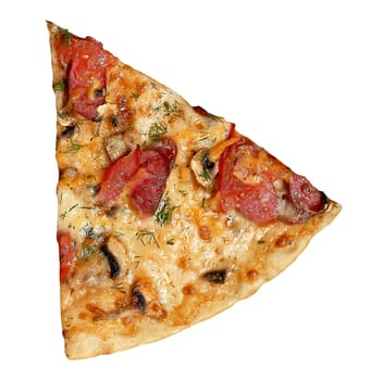 Triangular piece of pizza with tomatoes, mushrooms and cheese on isolated background, top view
