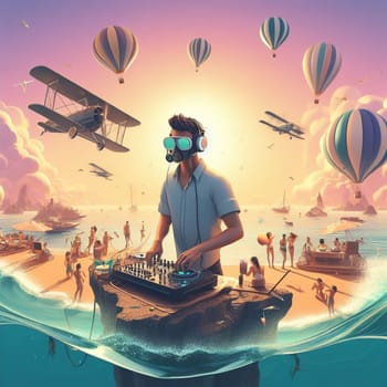 young deejay, wear glasses earphone hosting dj set at crowded beach party tropical island isometric ai generative ai art