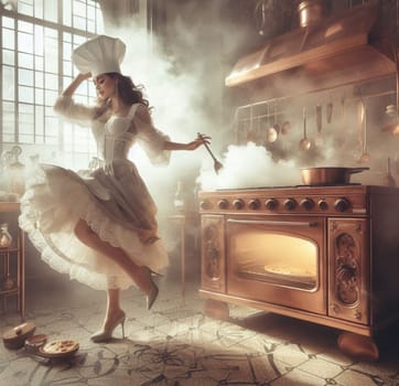 glamourous chef in steampunk kitchen with windiwn natural light cooking posing dancing singing illustration generative ai art