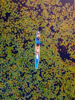 The sea of red lotus, Lake Nong Harn, Udon Thani, Thailand, a couple of men and woman in a boat at sunrise at the Red Lotus Lake in the Isaan, drone aerial view