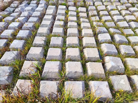 Rows of concrete cubes or rectangles on the bank of river with grass. Breakwaters, protection from water in nature. Background, texture, location