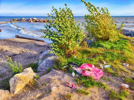 Novosibirsk, Russia - September 22, 2023: Pile of garbage and plastic bottles on the sea shore. Environmental pollution by people on picnic