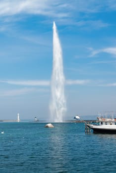 The Geneva Water Fountain, Jet d'Eau, in the city of Geneva, Switzerland. Lake Geneva. Switzerland landmark.