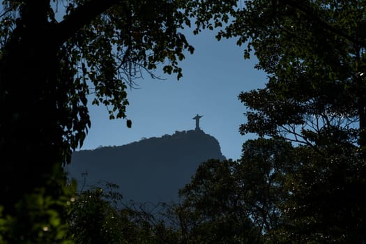 Silhouette of Christ the Redeemer in Rio framed by greenery.