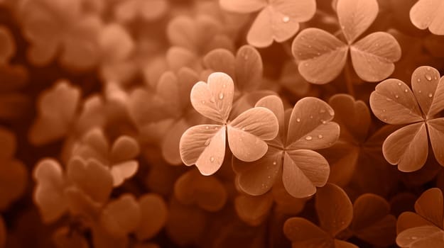 Lucky clover leaves for St. Patrick's Day. Banner with Irish clover leaves. Peach Fuzz toned. High quality photo