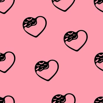 Hand Drawn Seamless Patterns with Hearts in Doodle Style. Romantic Love Digital Paper for Valentines Day. Black Hearts on Pale Pink Background.