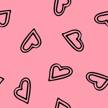 Hand Drawn Seamless Patterns with Hearts in Doodle Style. Romantic Love Digital Paper for Valentines Day. Black Hearts on Pale Pink Background.