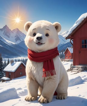 A charming polar bear dons a red scarf, standing amidst a snowy village with red wooden houses, under a radiant sun that casts a warm glow over the frosty landscape
