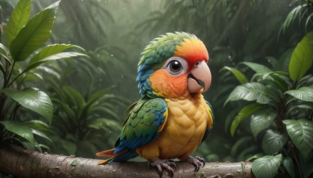 A detailed illustration of a colorful parrot on a branch, surrounded by a sunlit, textured green forest