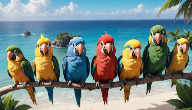 Seven colorful parrots add vibrancy to a serene beach scene, complete with palm leaves and a tranquil ocean