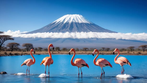 Five flamingos stand in water with Mount Kilimanjaro, snow-capped peak rising behind them, exuding tranquility