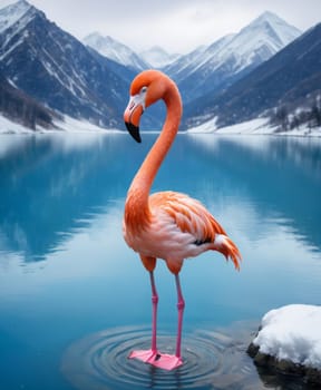 A vibrant orange flamingo stands in a blue lake, with snow-capped mountains and a bright sky as the backdrop