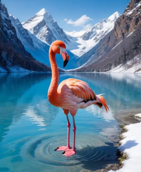 A vibrant flamingo stands in blue waters, with snowy mountains reflecting in the tranquil backdrop
