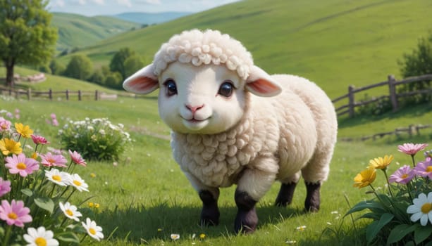 A fluffy sheep stands on grass with colorful flowers, against a backdrop of green hills and blue sky