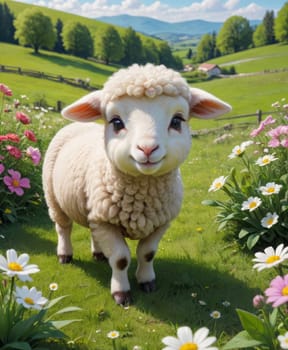 A sheep with obscured face grazes in a field of vibrant flowers, with green hills and a blue sky beyond