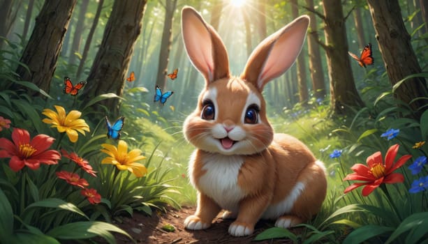 A cute bunny in a magical forest setting, surrounded by tall grass, plants, and colorful butterflies