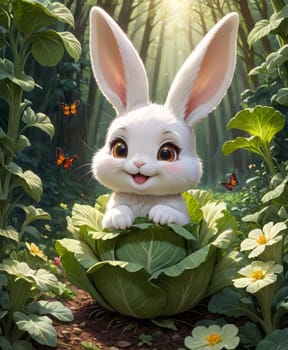 A white bunny sits within a leaf, surrounded by butterflies and sunlit greenery in a whimsical forest