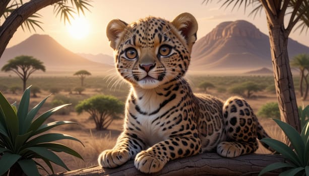 A young leopard sits on a branch, attentively gazing out over the African savannah at sunset