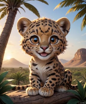 Young leopard with blue eyes sits on a branch, set against a sunset-lit mountainous backdrop
