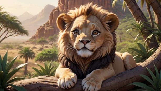 A realistic animated lion rests on a tree branch against the backdrop of a picturesque African savannah with acacia trees, grasslands, and mountains under a clear sky